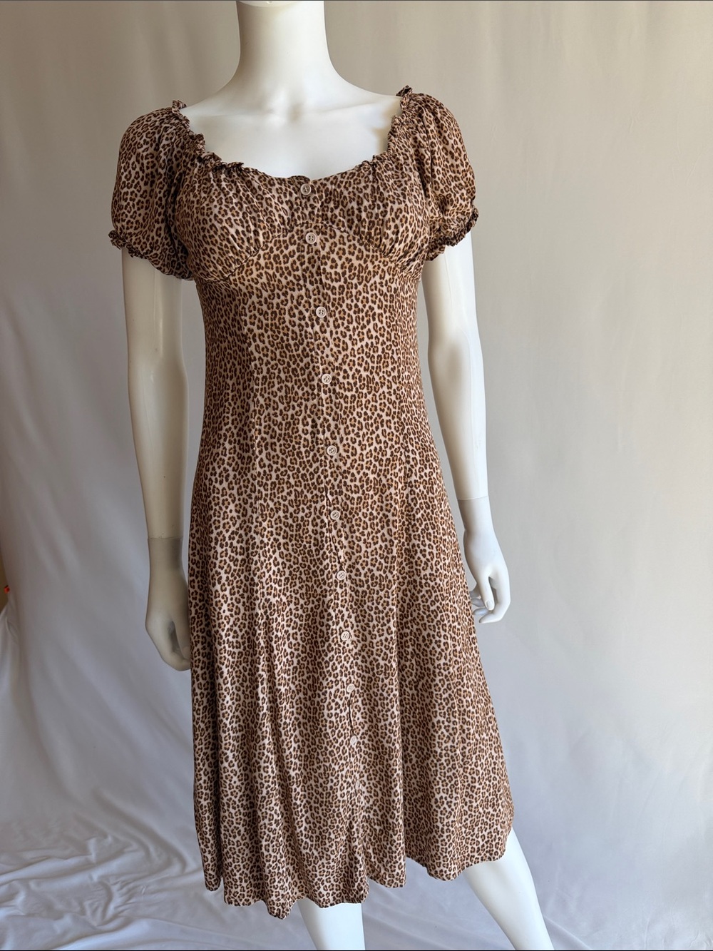 Leopard Puff-Sleeve Midi Dress - Brown